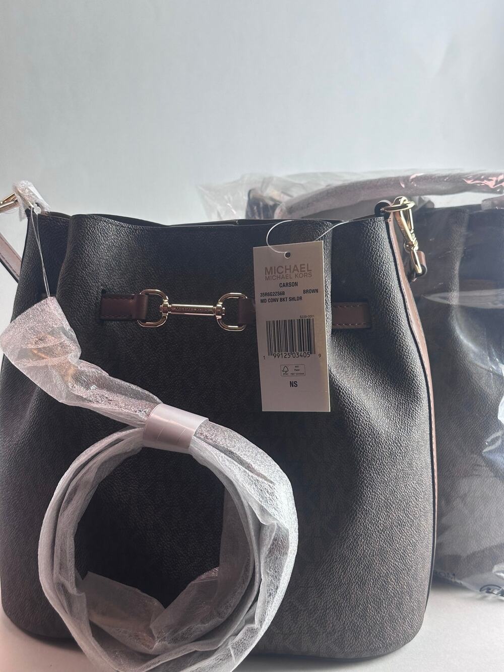 Michael Kors Carson Medium Convertible Bucket Bag Brown Signature Shoulder NWT